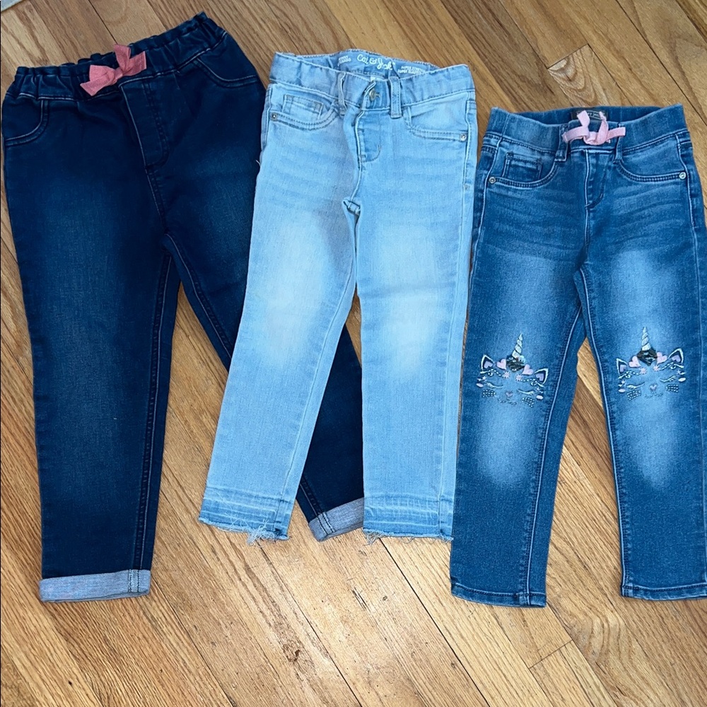 3! Girls Denim Jeans Set - Dark Blue, Light Blue, Unicorn kitty Design